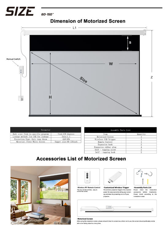 ALR Large Size Projector Screen 150 Inch Electric Motorized Projector Screen 4K