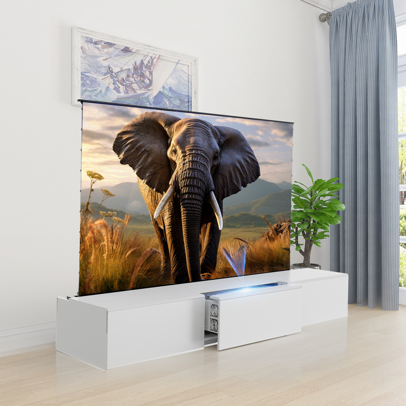 White Motorized Laser TV Cabinet Modern Ultra Short Throw Projector Living Room Storage TV Cabinet