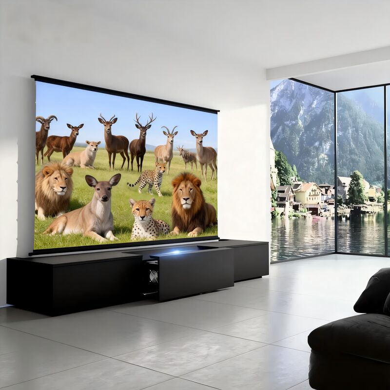 Meuble TV télescopique motorisé avec panneau MDF sans formaldéhyde et options de taille/couleur personnalisées pour projecteurs UST